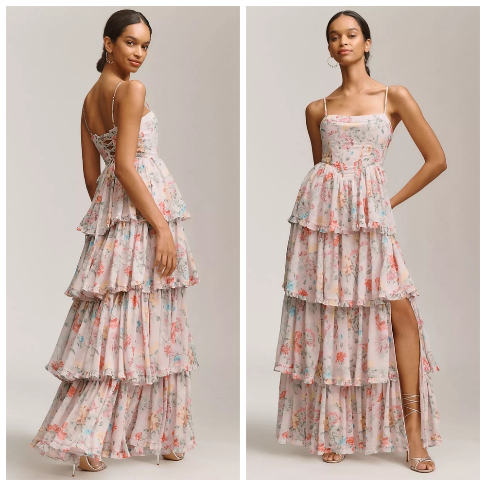 Anthropologie BHLDN Sleeveless Corset Floral Tiered Ruffled Maxi Dress